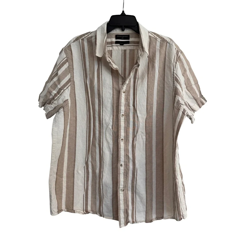 Banana Republic Mens XL Slim Fit Linen Cotton Striped Short Sleeve Shirt Tan